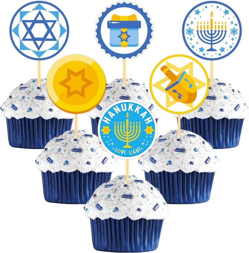 Moitkptt 24Pcs Hanukkah Cupcake Toppers, Glitter Star of David Candlestick Hexagram Chanukkah Cupcake Toppers for Hanukkah Party Decorations Supplies (print) - Image 1